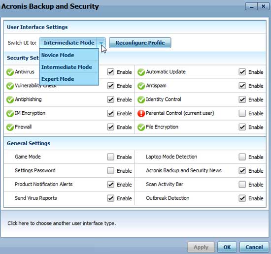 Acronis Backup and Security Settings