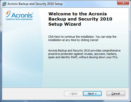 Welcome to the Acronis Backup and Security  Setup Wizard