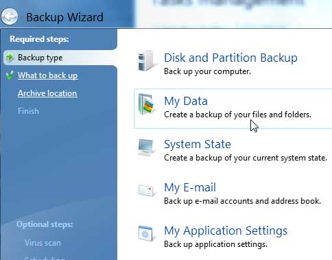 The Acronis Backup Wizard