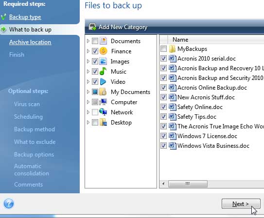 Select Files to Backup