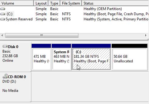 The Windows Drive Manager Shows the 250 Gigabyte Drive as the Primary Drive