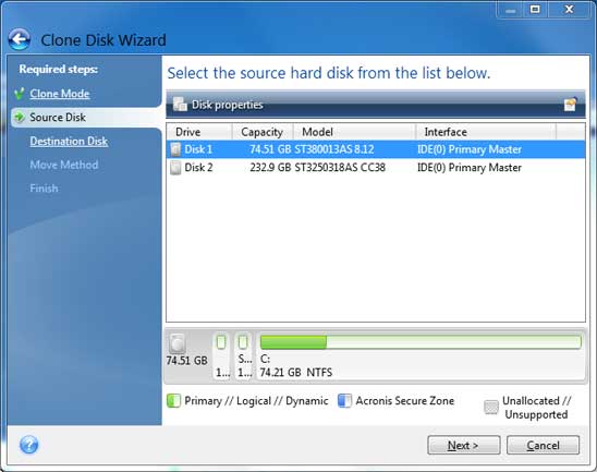 Select the Source Hard Disk