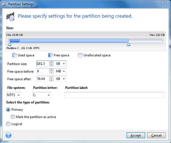 Specify Settings for the Partition being Created