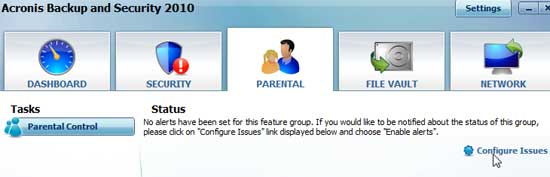 Acronis Backup and Security Parental Controls Panel